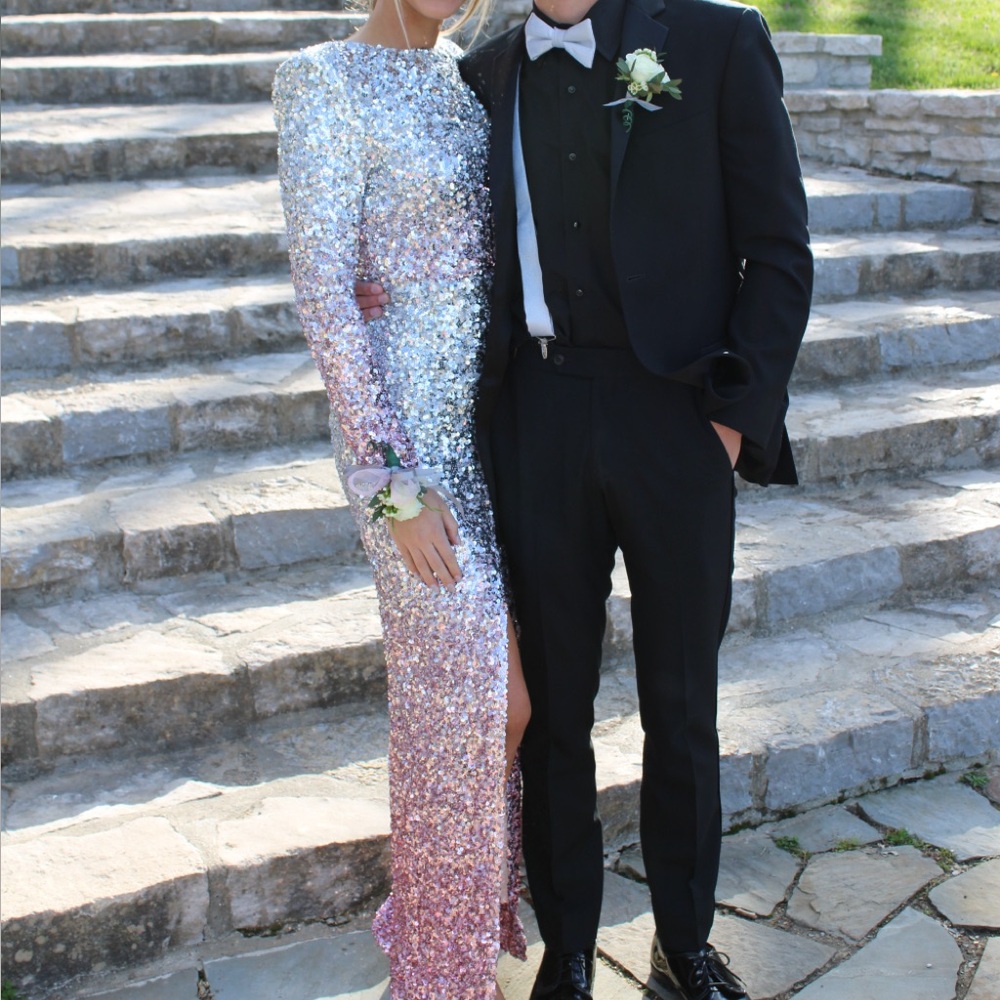 Hello Molly Silver and Pink Sequin Gown